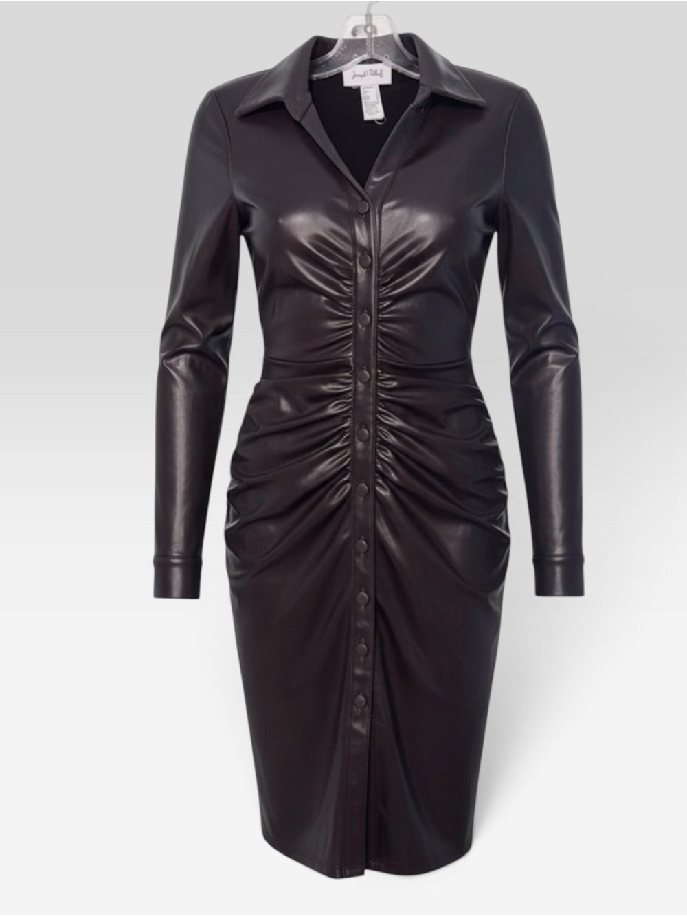 Joseph Ribkoff Mocha Faux Leather Ruched Button Front Shirt Dress Collared Sz 6